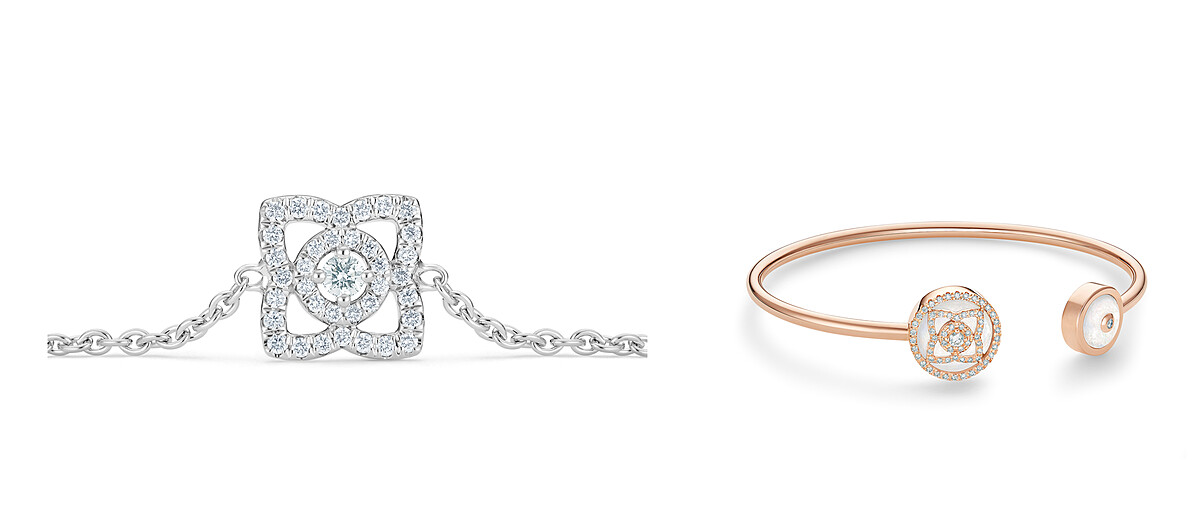 優雅實戴的手鍊與手鐲,也是情人節送禮不易出錯又能送到心坎的選擇。De Beers Enchanted Lotus 18K白金鑽石手鍊_NT65,000、De Beers Enchanted Lotus 18K玫瑰金白色珍珠貝母鑽石手鐲_NT184,000