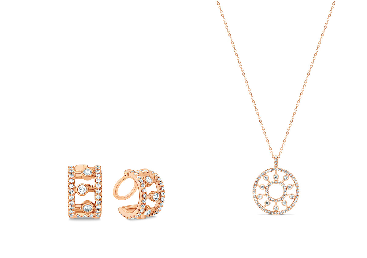 將浪漫玫瑰金加入個性設計,讓珠寶於日常更加靈活運用配戴。De Beers Dewdrop 18K玫瑰金鑽石耳骨夾NT54,000、De Beers Dewdrop 18K玫瑰金圓牌吊墜鑽石項鍊NT126,000