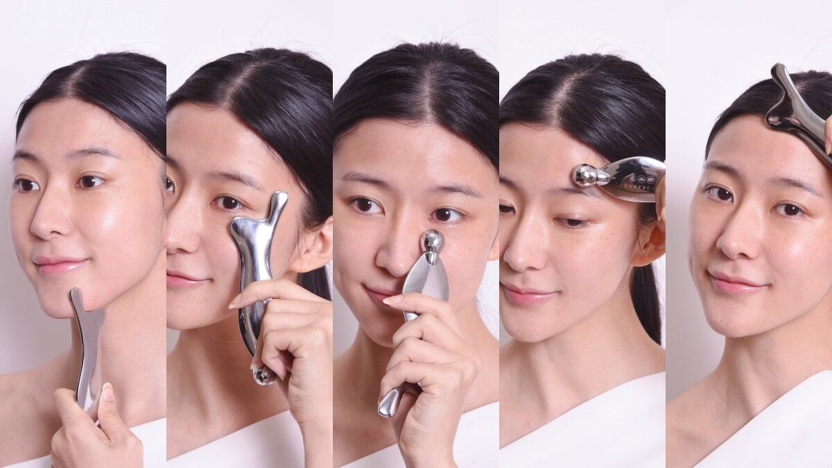 香緹卡3分鐘黃金快充賦活術Step 1拉提下顎線條、Step 2促進循環、Step 3緊實美眸、Step 4滾動放鬆紋路、Step 5全臉紓壓。