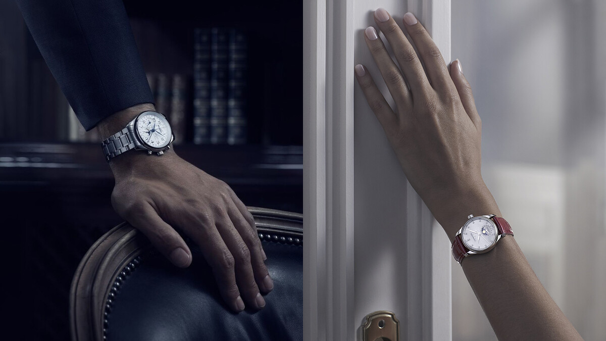 浪琴表Master巨擘系列全日曆月相男士腕錶、浪琴表Master巨擘系列珍珠母貝面盤月相女士腕錶。