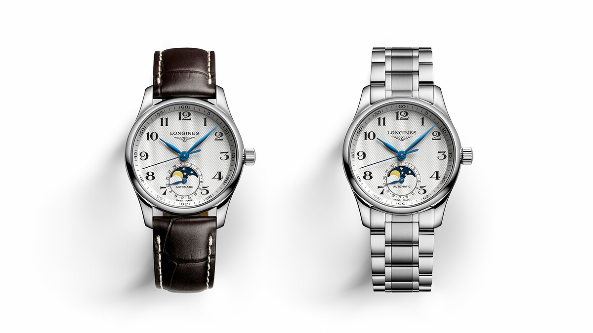 浪琴表 Master 巨擘系列銀色麥粒紋面盤月相女士腕錶、浪琴表 Master 巨擘系列銀色麥粒紋面盤月相女士腕錶。