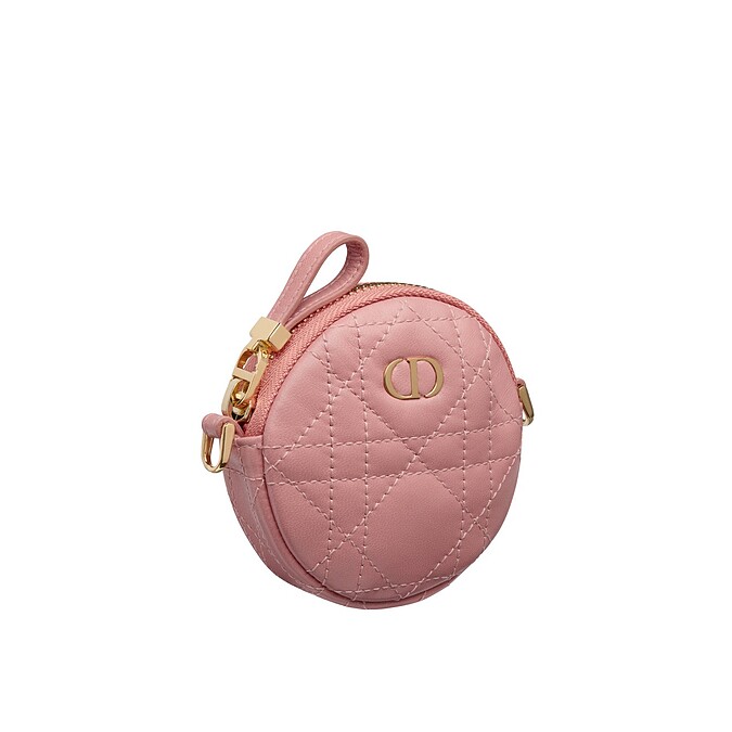 Dior Caro桃花粉籐格紋小牛皮圓形小包，NT33,500