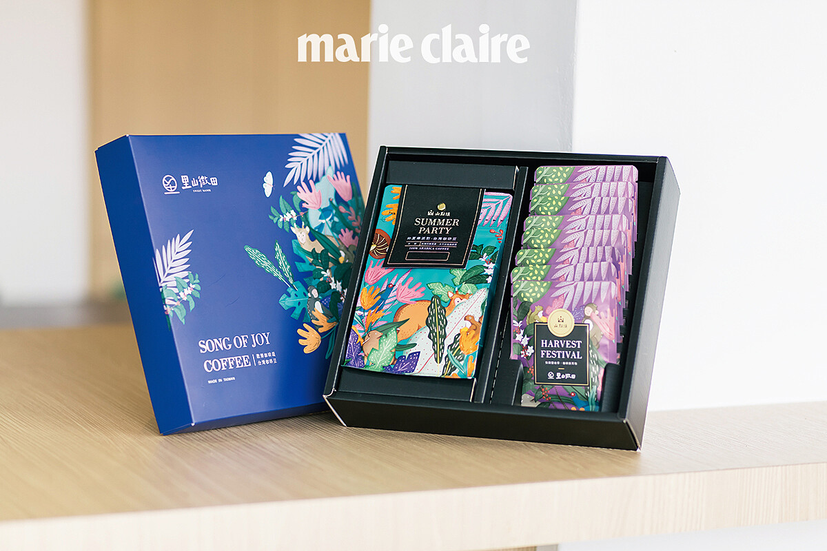 自有咖啡品牌「里山微甜」咖啡禮盒，包裝十分活潑繽紛。