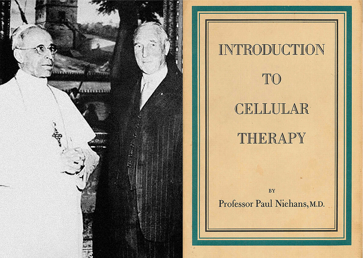 教宗庇護十二世 (左) 保羅‧尼翰博士 (右) / 保羅‧尼翰博士著作《Introduction to Cellular Therapy》(右)