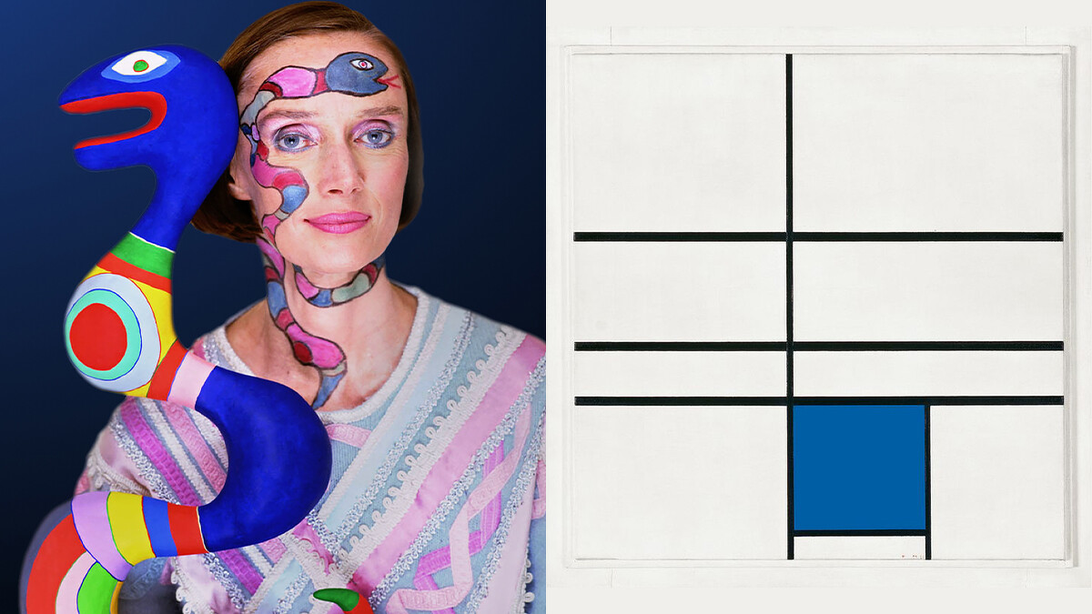 藝術家妮基&middot;桑法勒 (Niki de Saint Phalle) (左) / 藝術大師蒙德里安畫作《雙線與藍色的構成》(右)