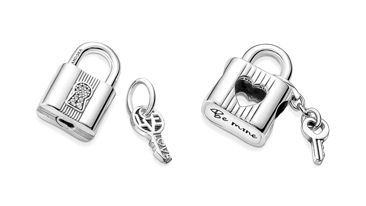 925銀掛鎖鑰匙吊飾(另有鍍14K金、鍍14K玫瑰金材質可選)，NT$2,480；愛心掛鎖串飾NT$1,580