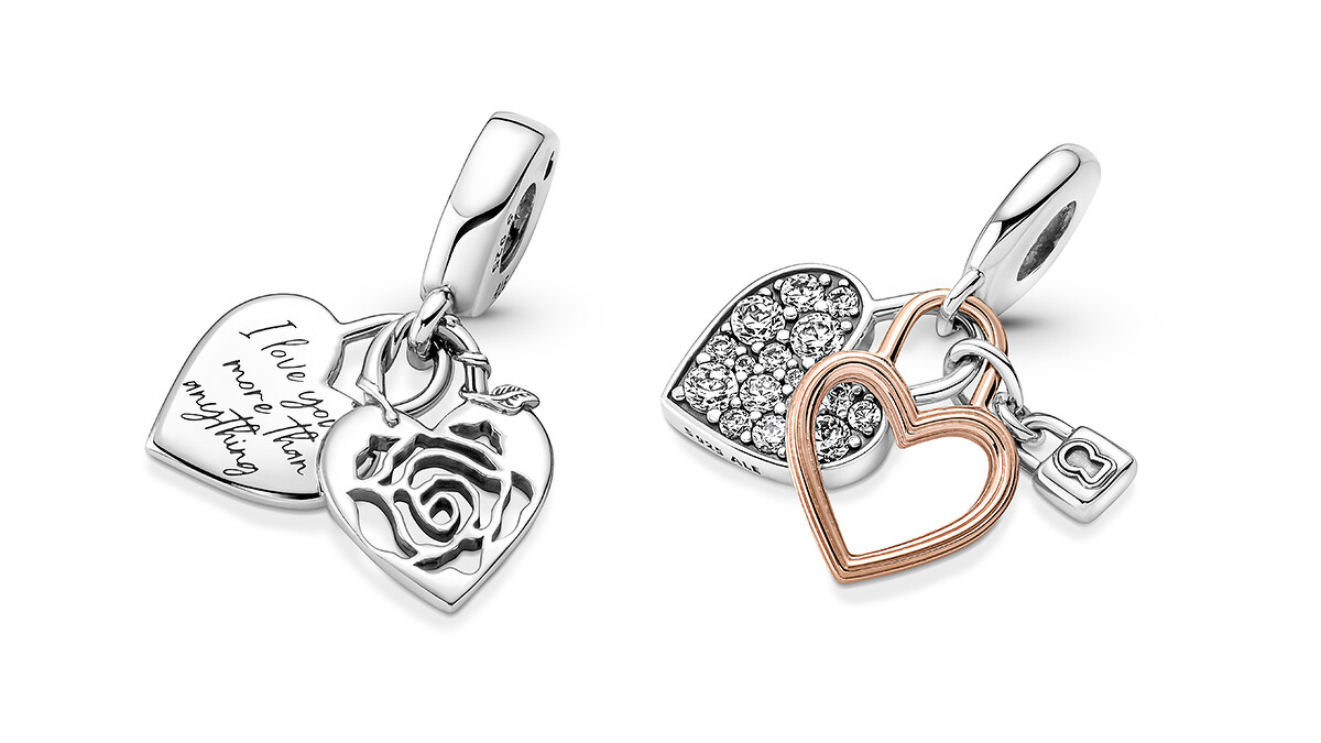 玫瑰愛心掛鎖吊飾，NT$1,880；愛情鎖雙層吊飾，NT$2,480。