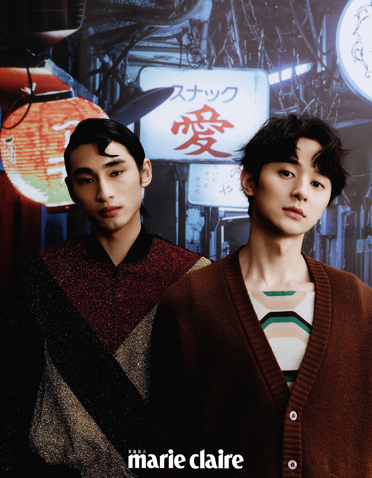 張軒睿／幾何紋圖短版背心、咖啡色針織衫，both by Prada。章廣辰／色塊拼接金蔥面料夾克，Saint Laurent。