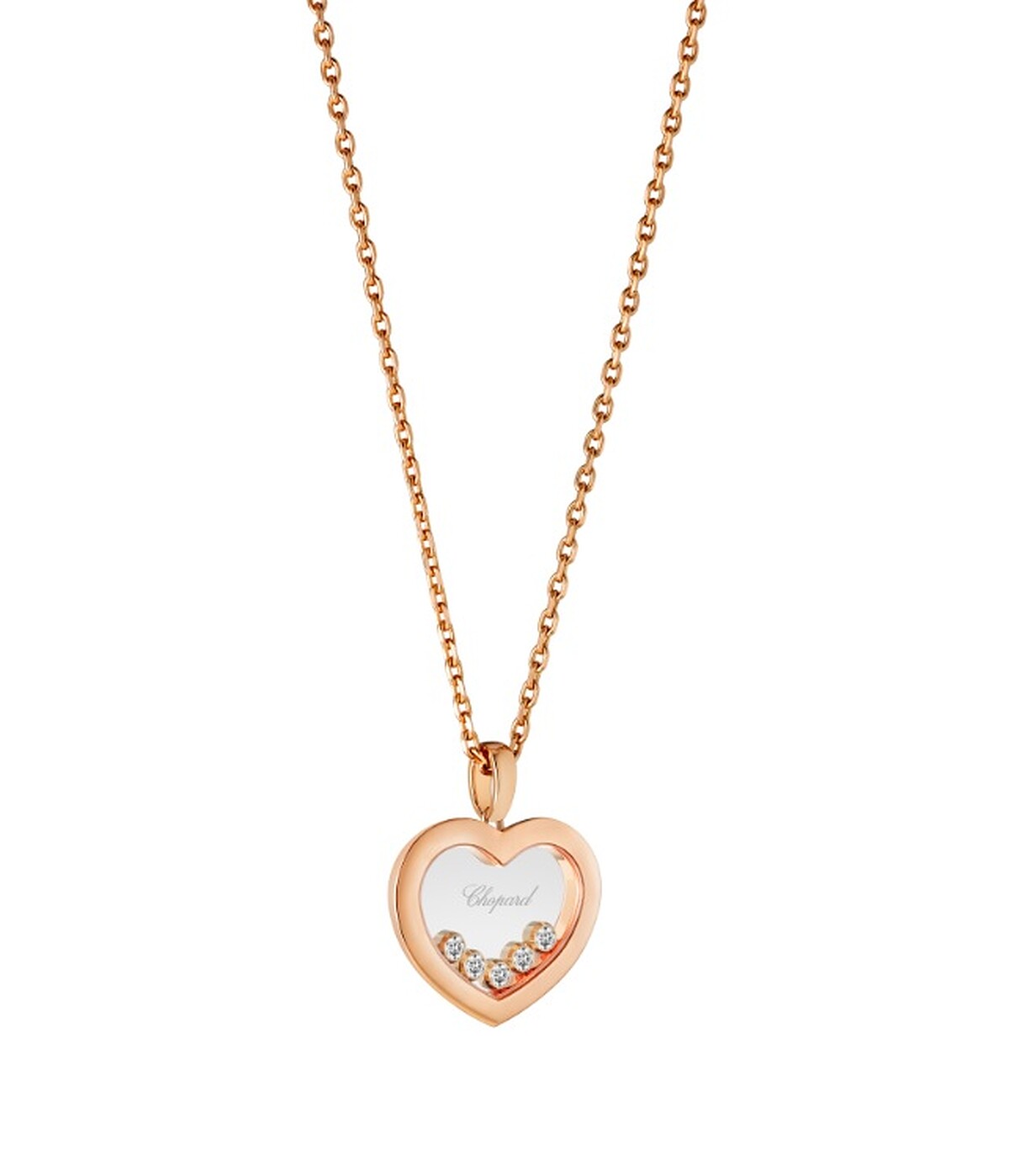 Chopard 蕭邦 Happy Diamonds Icons Hearts系列項鍊，18K玫瑰金綴以5顆滑動鑽石，售價NT$171,000