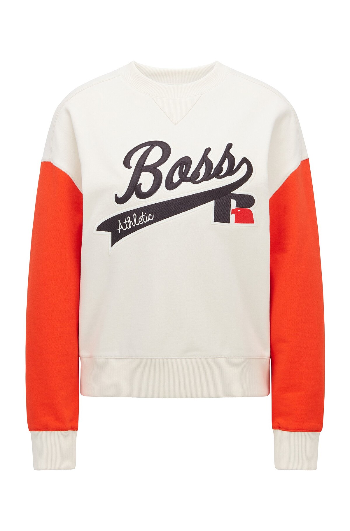 BOSS x Russell Athletic 系列米白鮮橘拼色運動棉衫，NT6,600。