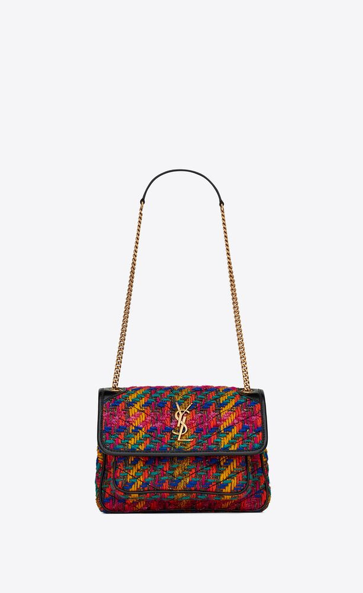 Saint Laurent 彩色粗花呢鍊條肩背包，NT70,000。 