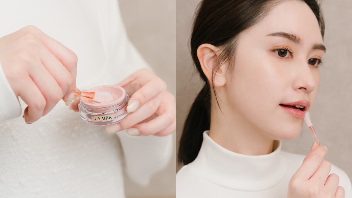 LA MER海洋拉娜星砂柔化修護唇膜使用時，先以唇膜棒扁平面挖取，再以唇膜棒顆粒面按摩。