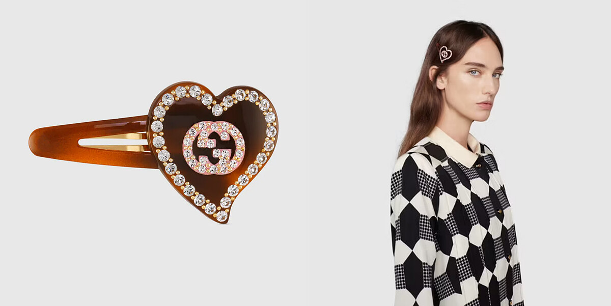 Gucci水鑽心型髮夾，NT$9,000
