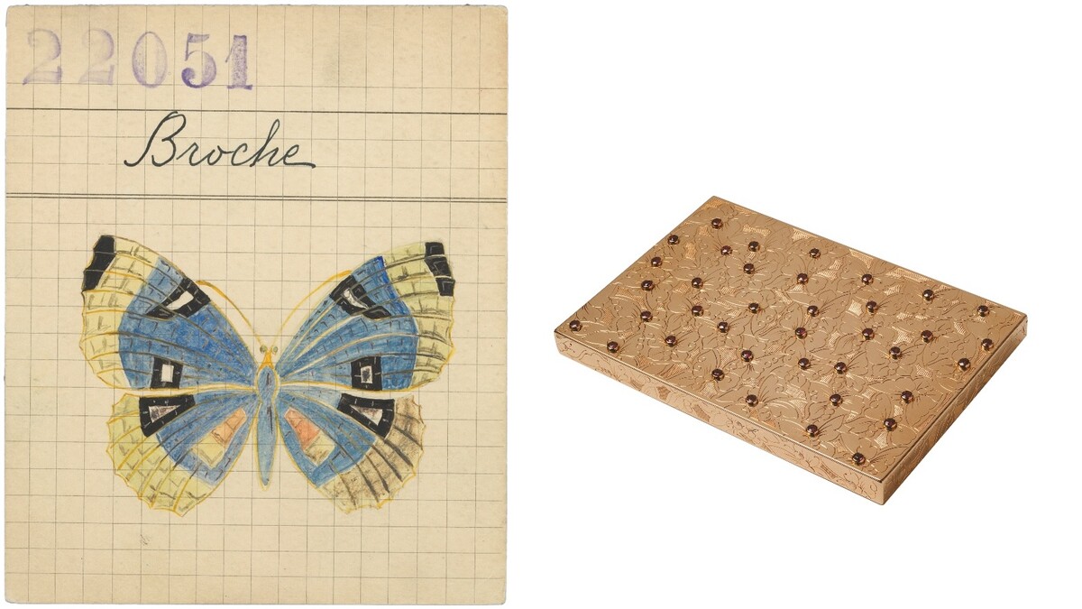 圖左:1923年蝶胸針珠寶作品記錄卡;圖右:1946年蝴蝶煙盒