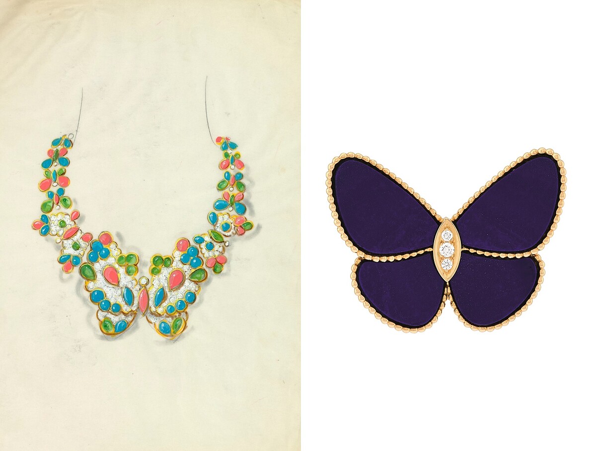 圖左:約1970年蝴蝶項鍊設計草圖;圖右:1998年Crépuscule胸針