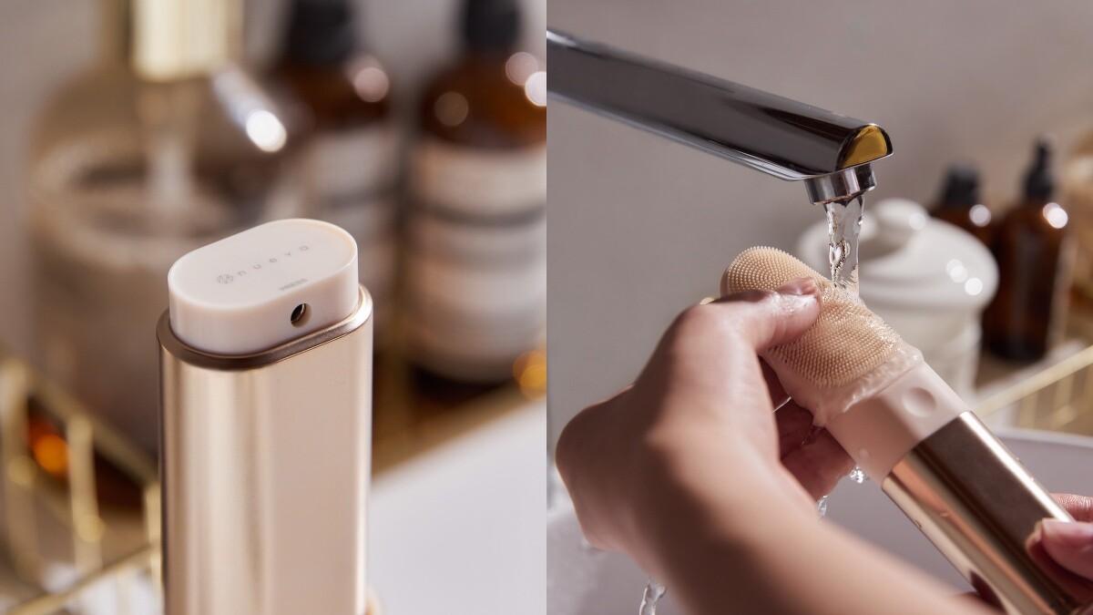 NUEVA Torche超溫感三效音波洗臉儀全機防水，便於清洗。還有隱藏式充電孔、磁吸時尚衛生防護蓋。