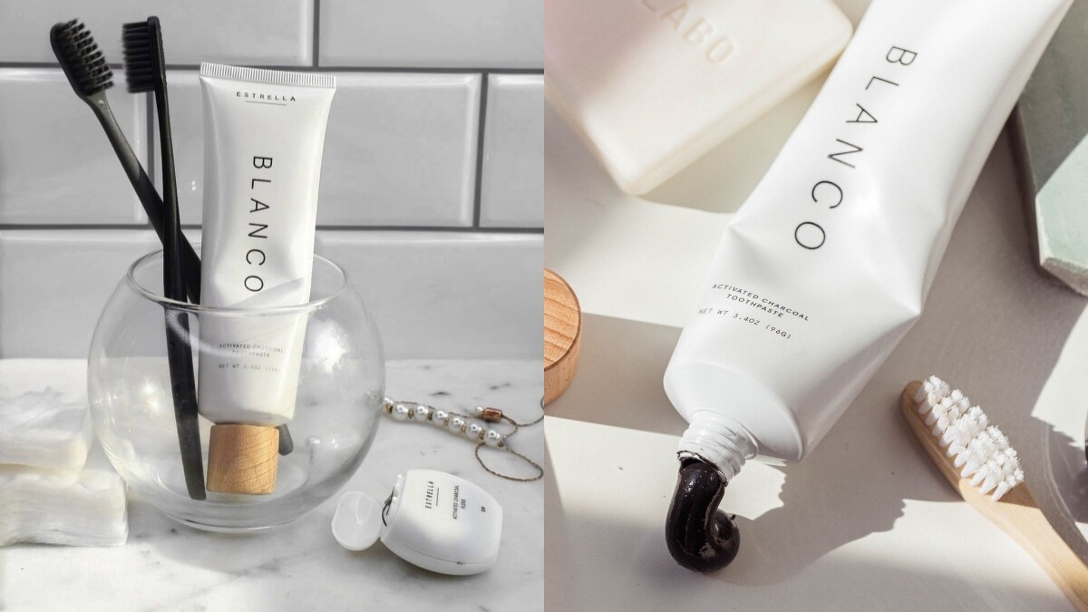 ESTRELLA BLANCO 活性炭亮白精油牙膏，就像口腔潔淨的重置按鈕，能去除污漬並在整個晚上保持清新。96g，NT680。