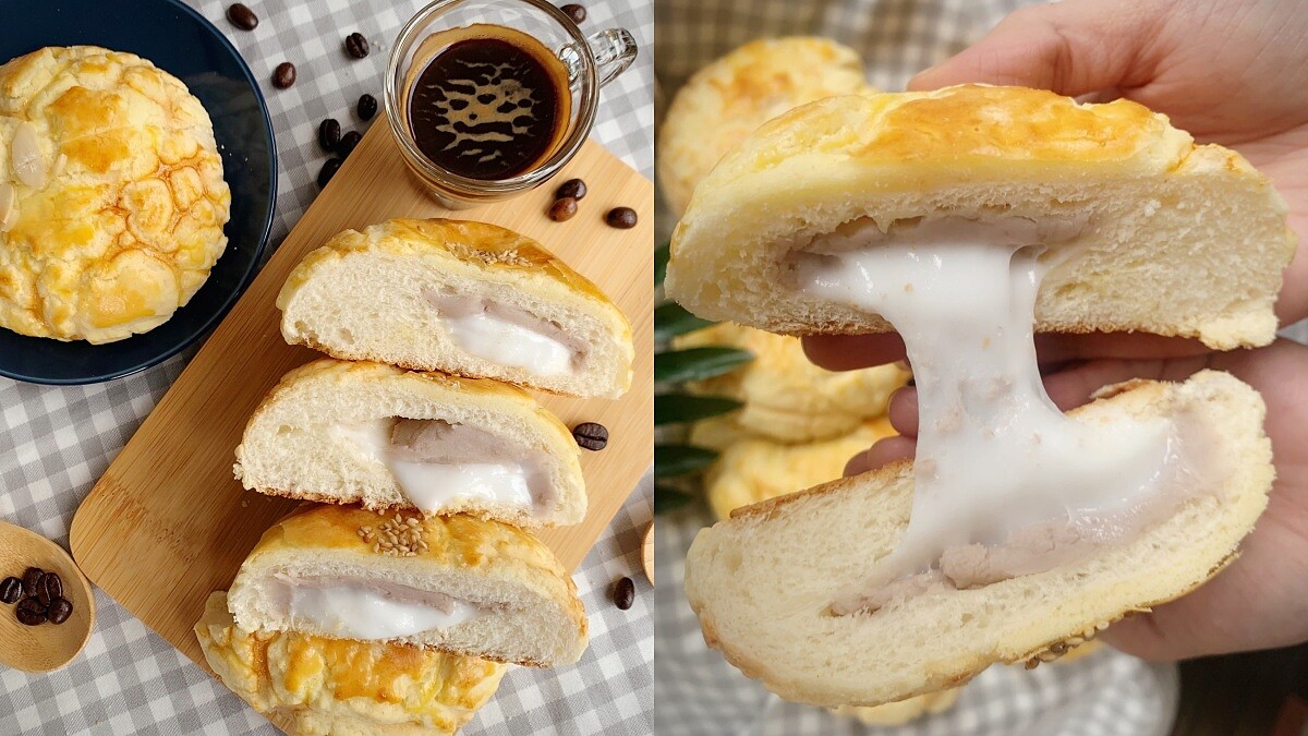 85度C推芋泥拔絲菠蘿麵包新品!芋頭麻糬牽絲內餡太誘人