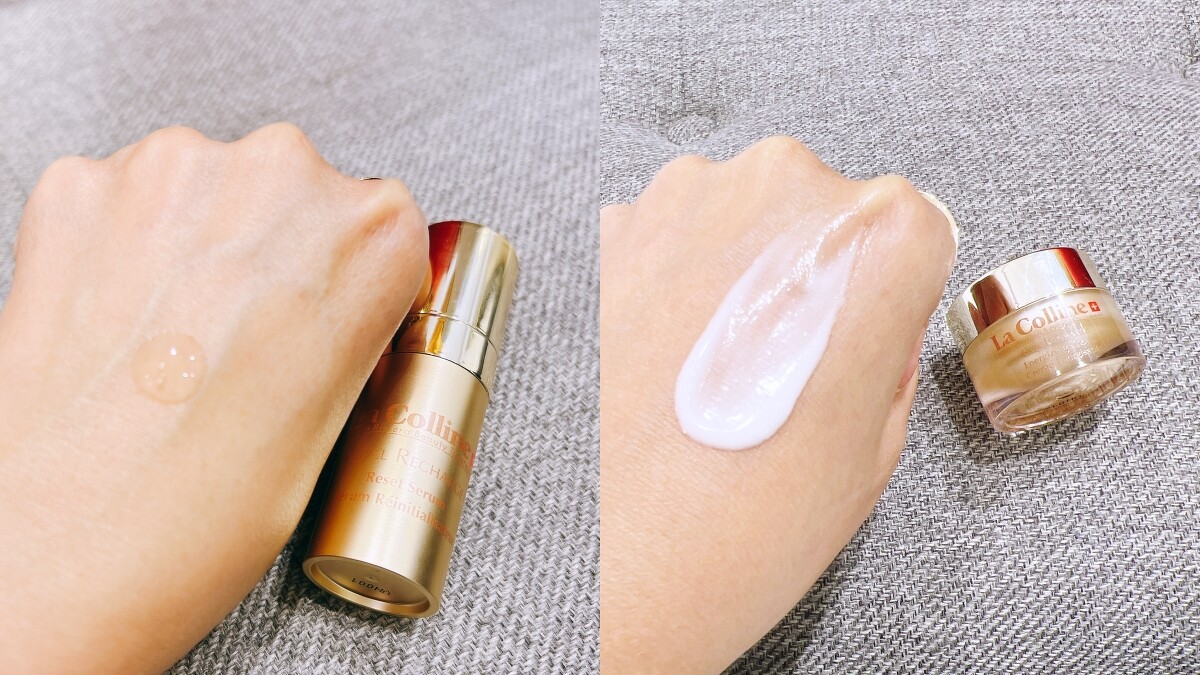 La Colline奢寵金緻密集護理中的(左)重啟精華質地、(右)能量活膚霜質地。