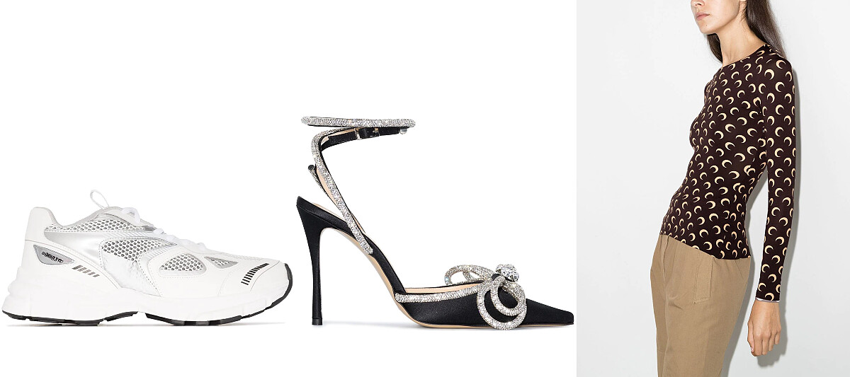 Axel Arigato網布拼接運動鞋、MACH & MACH晶飾蝴蝶結高跟鞋、Serre彎月印花彈性上衣