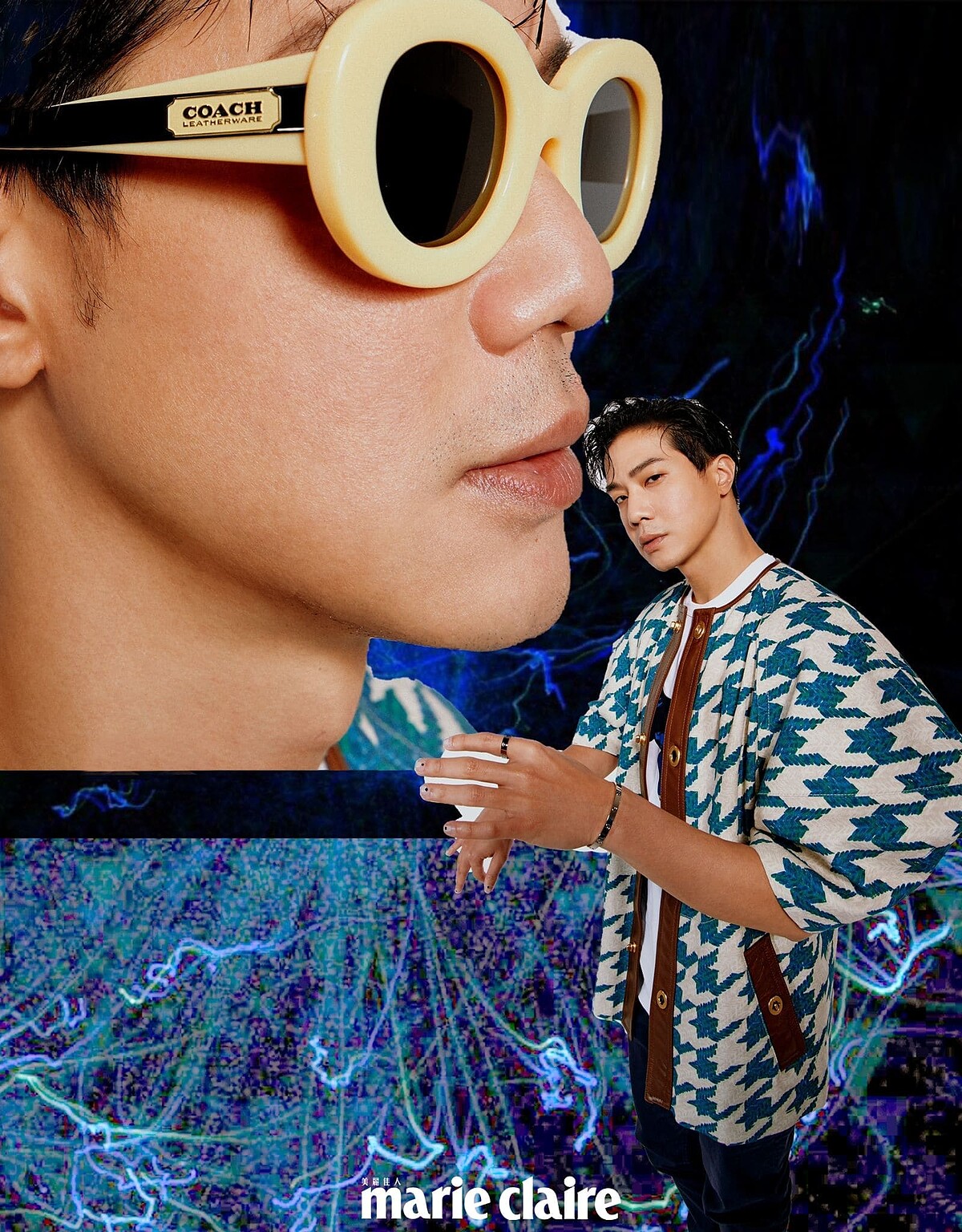 鵝黃色粗框墨鏡、恐龍圖案T恤、藍白圖紋短外套、深藍色休閒褲，all by Coach。 白K金 Love 手環、白K金 Love 戒指，both by Cartier。