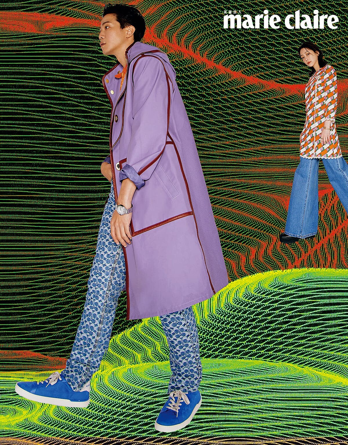 （謝欣穎） 條紋與蝸牛圖案印花洋裝、牛仔褲、黑色短靴，all by Coach。 白 K 金、黃 K 金及玫瑰金 Trinity 耳環、Trinity 戒指、玫瑰金 Juste Un Clou 手環小型款、黃K金 Juste Un Clou 手環小型款，all by Cartier。（薛仕凌） 橘色圖紋 Polo 針織衫、Logo 圖紋丹寧褲、紫色連帽外套、休閒鞋，all by Coach。 Ballon Bleu De Cartier 40毫米搭載自動上鍊機芯精鋼腕錶、白K金與陶瓷 Trinity 戒指，both by Cartier。