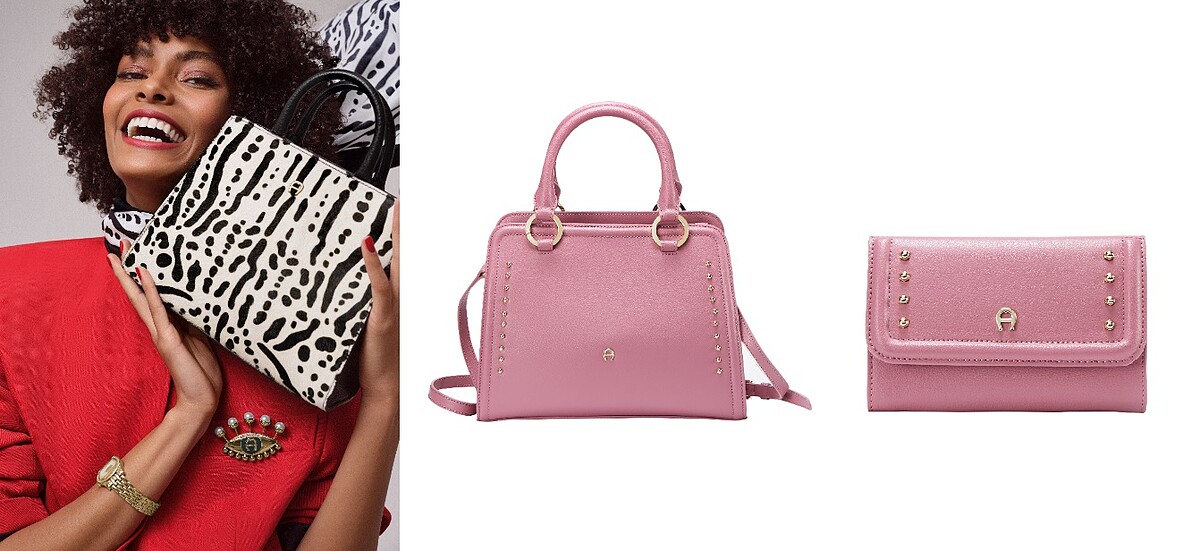 ▲左一：本就有不少死忠鐵粉的德國工藝精品品牌Aigner，更是只有在義大Outlet Mall購買，才能擁有以優惠價格入手的機會。 ▲右一及右二：AIGNER鉚釘桃粉中型皮革錢包、AIGNER鉚釘桃粉手提包