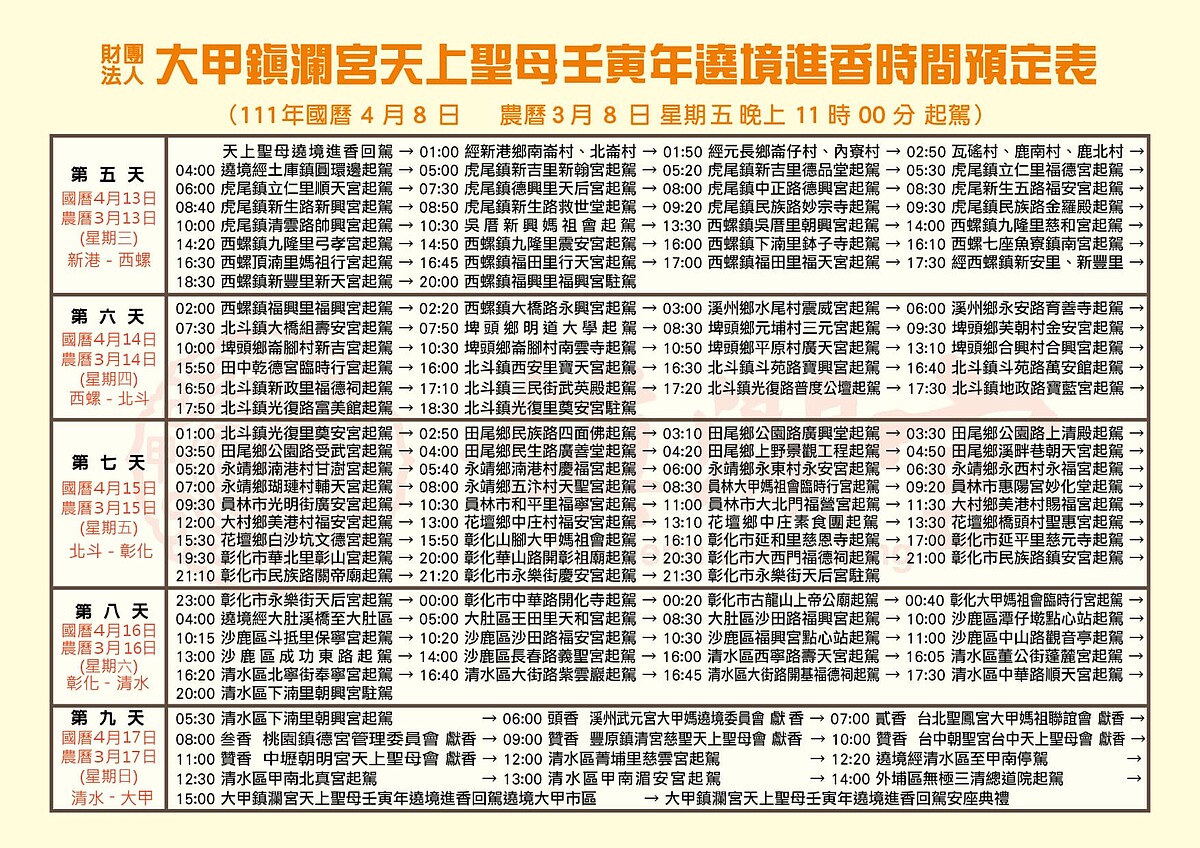 ▲2022大甲媽祖遶境詳細路線行程參考。（圖／翻攝自大甲鎮瀾宮Facebook粉絲專頁）