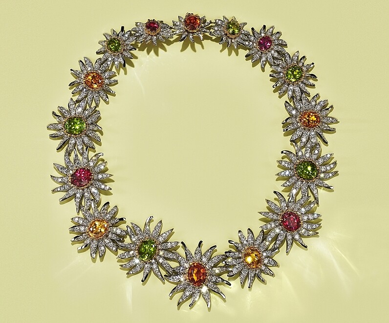 Tiffany & Co. Schlumberger雛菊設計鉑金與18K金鑲嵌錳鋁榴石, 黃水晶, 帝王托帕石, 橄欖石, 紅碧璽與鑽石項鍊