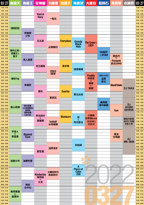 2022大港開唱 3/27演出時刻表