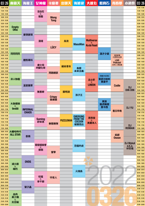 2022大港開唱 3/26演出時刻表