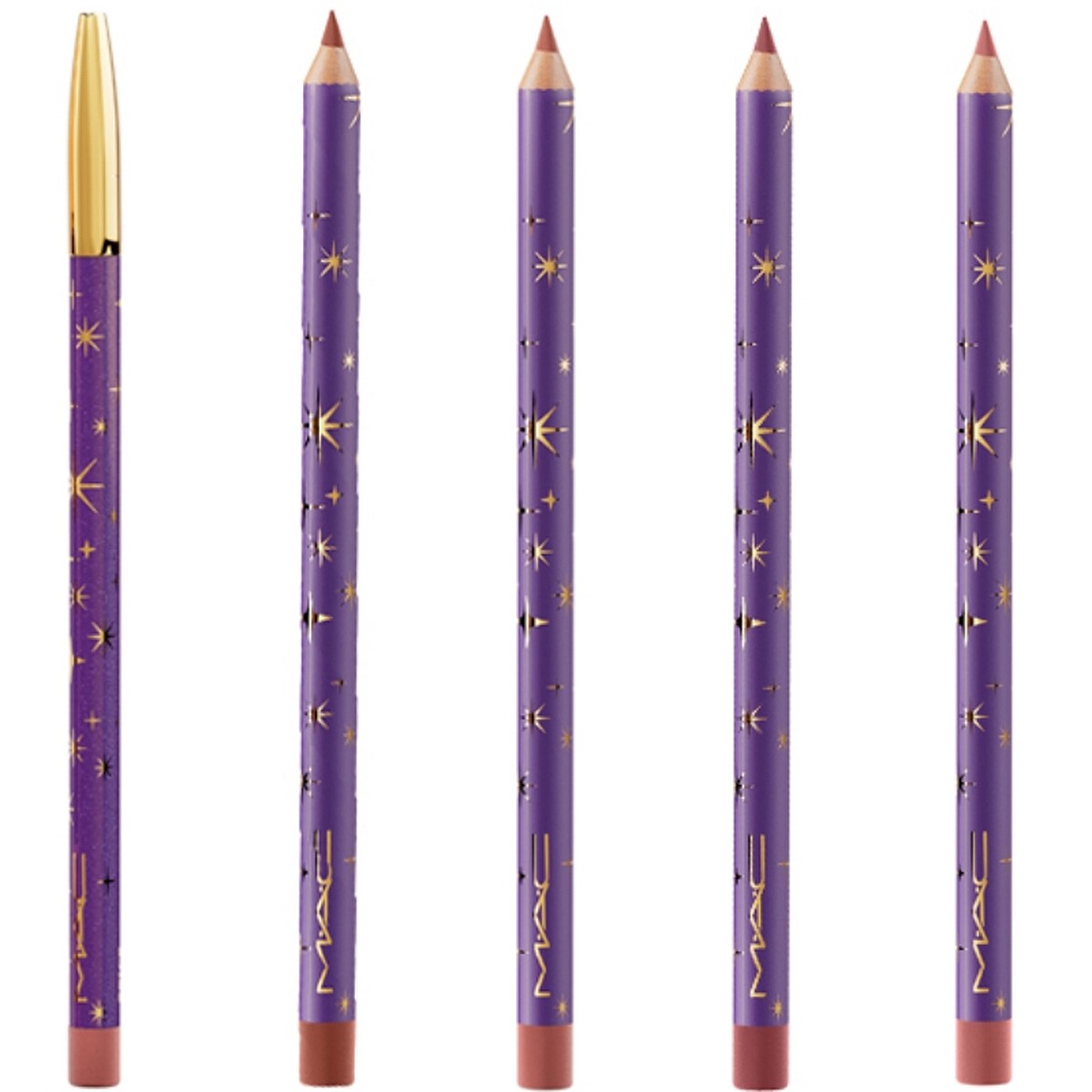 M.A.C月夜星辰系列唇線造型筆(左起#SPICE清冷褐棕、#WHIRL赤陶紅棕、#SOAR醇濃肉桂、#BOLDLY BARE月夜橙花)，NT810。