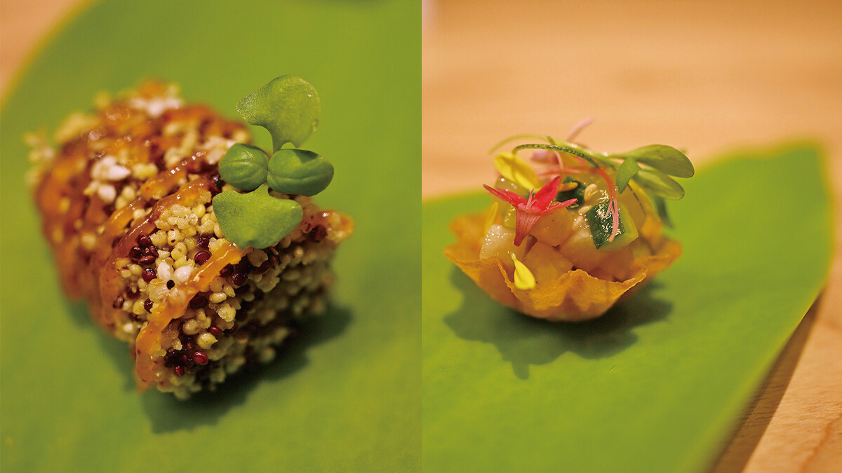 左為裹上黎麥的南洋風咖哩餃，右為以季節水果、甜蝦製成的小塔。