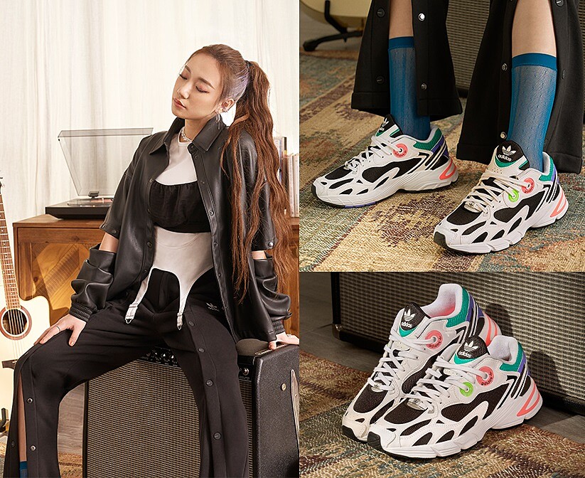 吊帶設計上衣NT1,490、皮外套NT3,890、排扣長褲NT3,290、ASTIR鞋款NT3,690