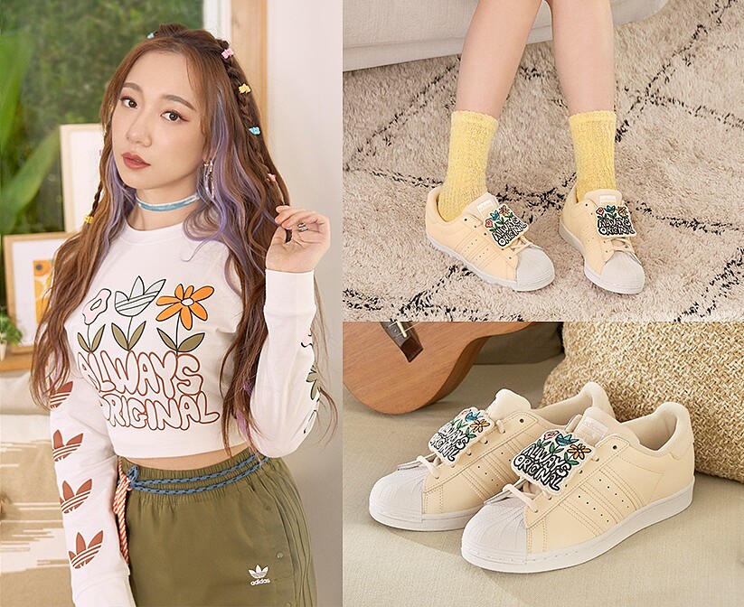 花朵塗鴉上衣NT1,290、排扣短裙NT1,890、SUPERSTAR鞋款NT3,690。