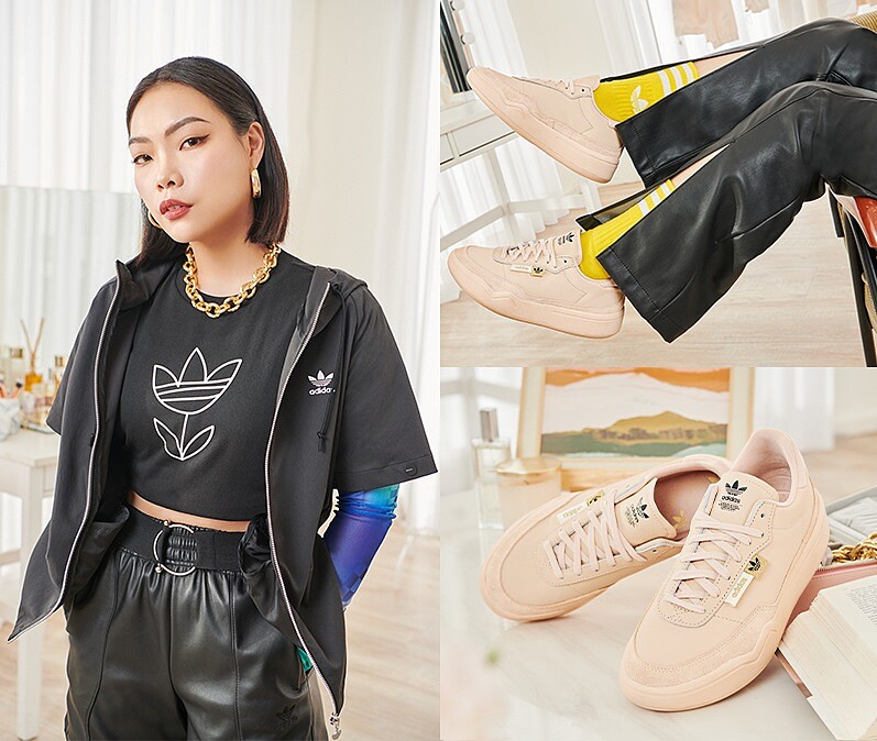 拼接外套 NT3,490、花朵塗鴉上衣NT1,290、排釦設計皮褲NT3,290、NEW HER COURT鞋款NT3,690