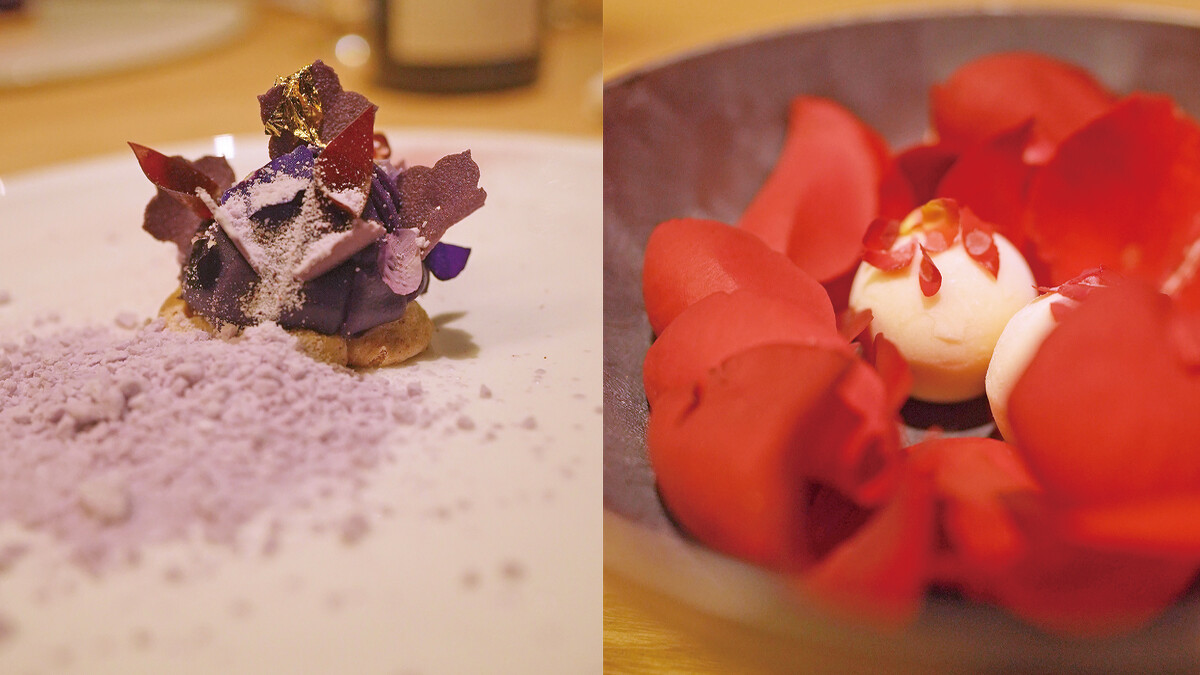 甜點以瓦克達茲的概念重新解構成一朵盛開的紫陽花，美不勝收。