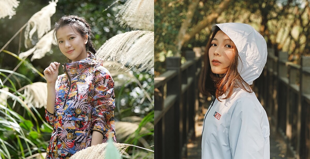 (圖左上身:藝術家Naomi Otsu印花聯名外套,售價:5,380元)/(圖右上身:白色防水透氣背部印花衝鋒衣,售價:8,380元)