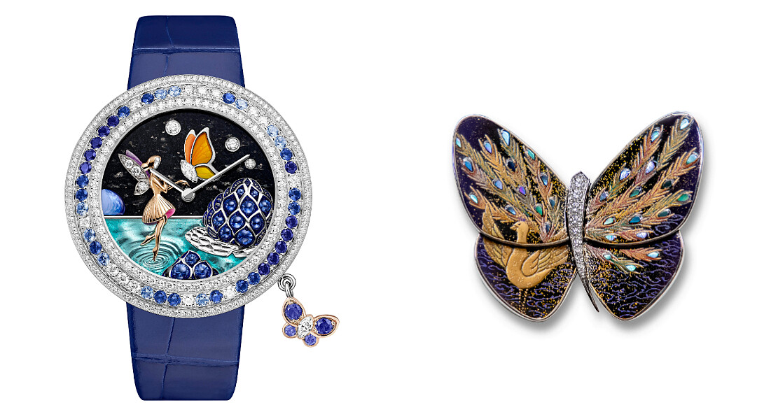 Charms Papillon F&eacute;erique腕錶，38毫米白K金錶殼(白K金錶圈，圓形鑽石，圓形切割藍寶石；玫瑰金及白K金旋轉吊飾，馬眼形切割鑽石，圓形切割藍寶石)、Kujaku 漆繪蝴蝶胸針(白K金、灰色珍珠母貝、鑽石)