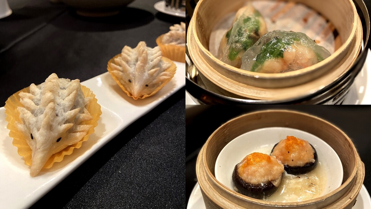 紫薯刺蝟酥、菠菜水晶餃、百花釀鮮菇