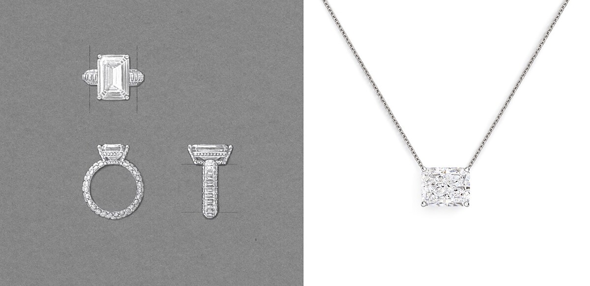 Ellesmere Treasure 祖母綠式切割鑽石高級珠寶戒指(主鑽10.65克拉)設計圖、DB Classic 雷迪恩式切割鑽石高級珠寶吊墜項鍊(主鑽10.88克拉)