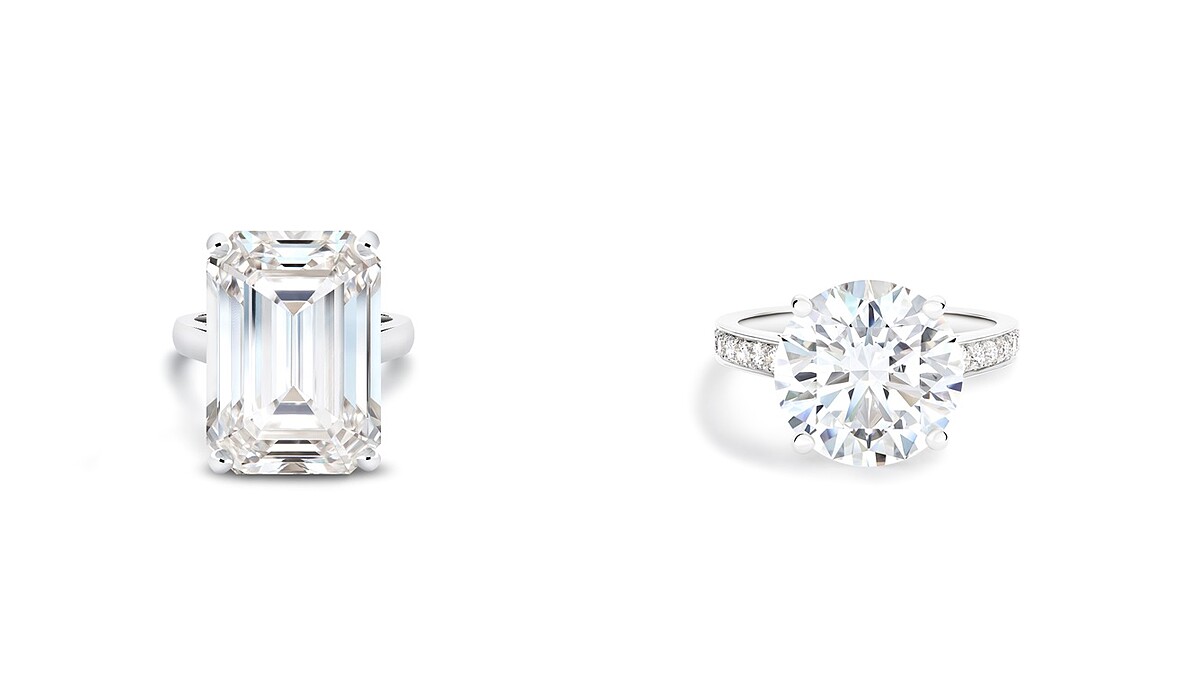 圖左：DB Classic 祖母綠式切割鑽石高級珠寶戒指(主鑽26.07克拉) / 圖右：Old Bond Street 圓形明亮式鑽石高級珠寶戒指(主鑽5.05克拉)