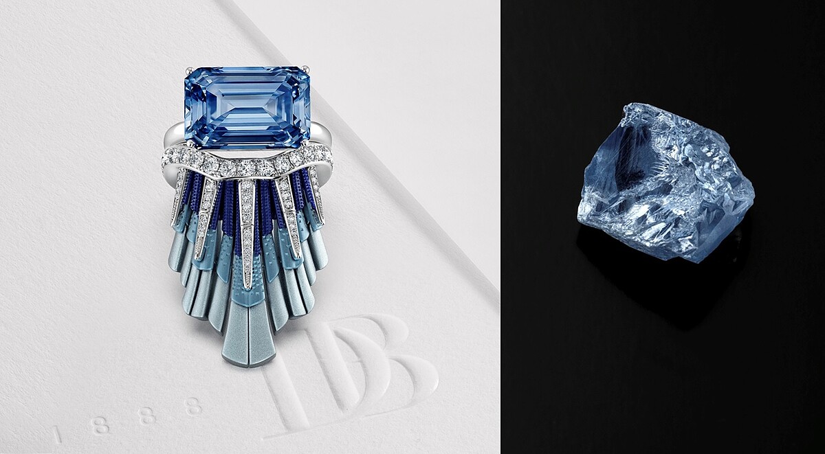 De Beers 特別為「戴比爾斯 庫利南 浩宇之藍」打造的羽冠造型戒指，將贈送予成功競標者。