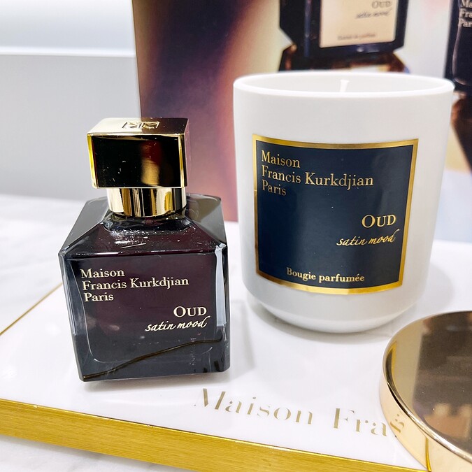 Maison Francis Kurkdjian OUD satin mood絲緞情懷淡香精與香氛蠟燭。