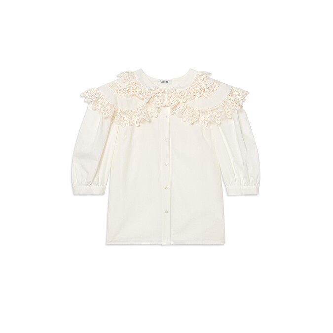 SANDRO 白色乎朵刺繡領襯衫，NT10,900。