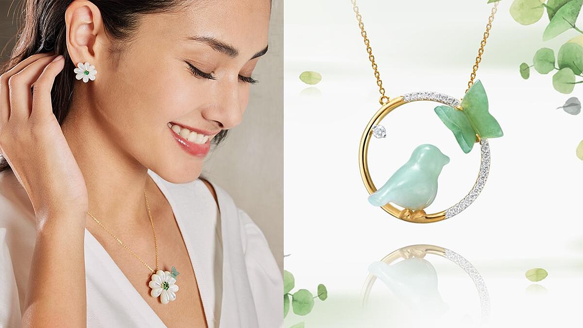 設計師林曉同以情感珠寶打造「幸福花園」，將青鳥、綠蝶與盛開雛菊化作幸福祝願，凝存身際隨玉而安！