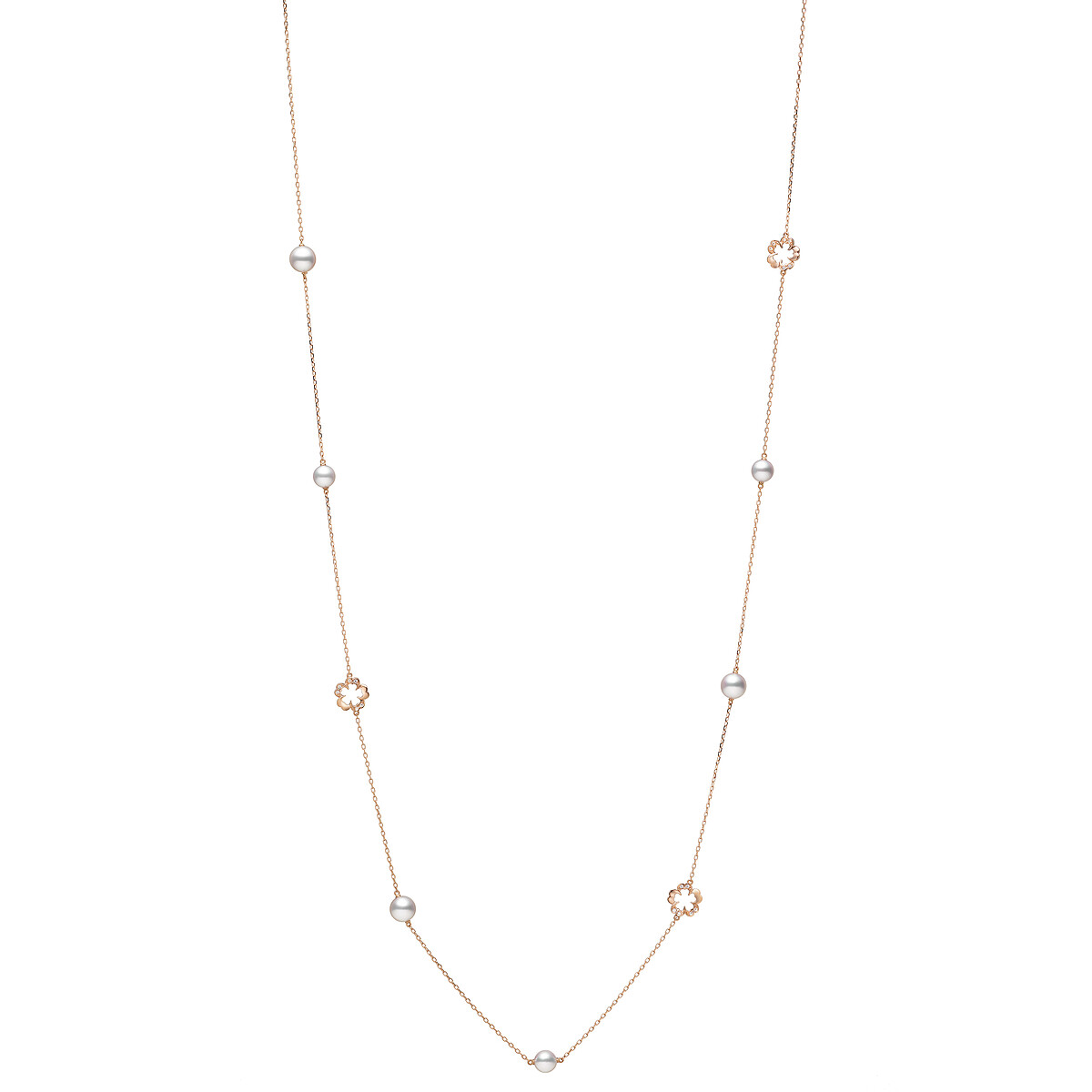 Mikimoto Cherry Blossom系列花形珍珠長墜鍊 18K粉紅金鑲嵌鑽石，搭配日本Akoya珍珠(珍珠直徑約：約6.50-7.75mm)。 參考價格NT$ 142,000