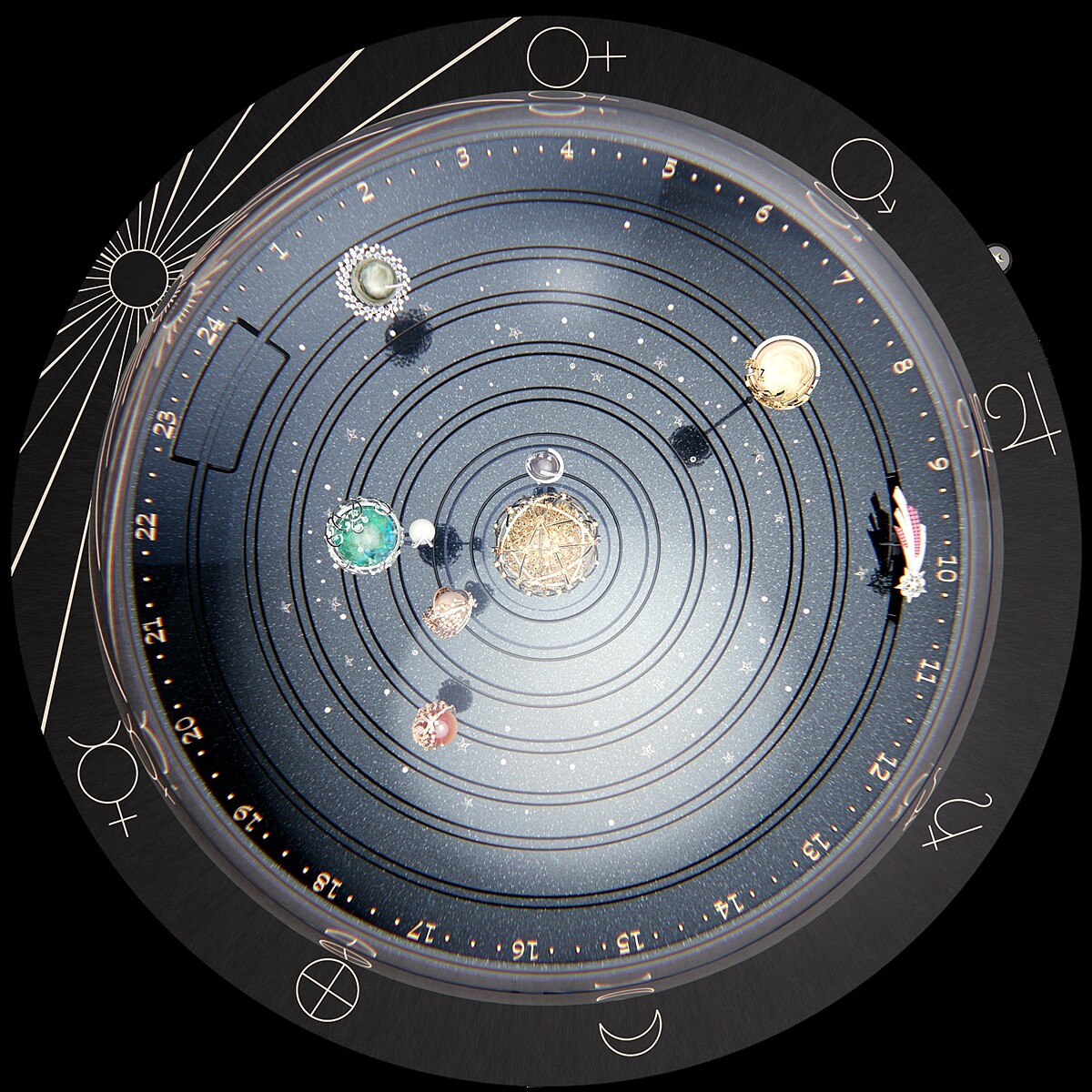VCA梵克雅寶2022年度新錶：「Poetic Astronomy 詩意星象系列 Plan&eacute;tarium Automaton 自動機械裝置」細節圖