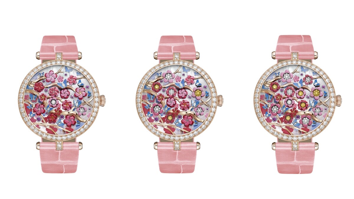 VCA梵克雅寶2022年度新錶：「Poetic Complications 詩意複雜系列 Lady Arpels Heures Florales 腕錶」由左至右為2、7、12時
