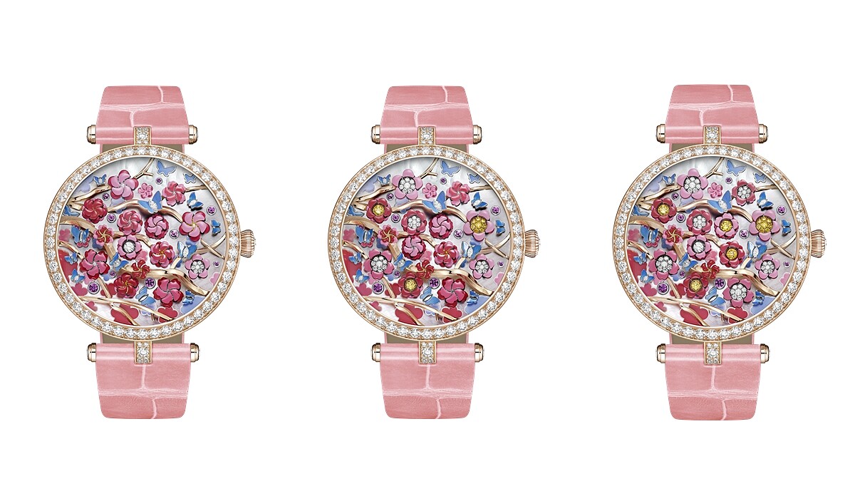 VCA梵克雅寶2022年度新錶：「Poetic Complications 詩意複雜系列 Lady Arpels Heures Florales 腕錶」由左至右為2、7、12時